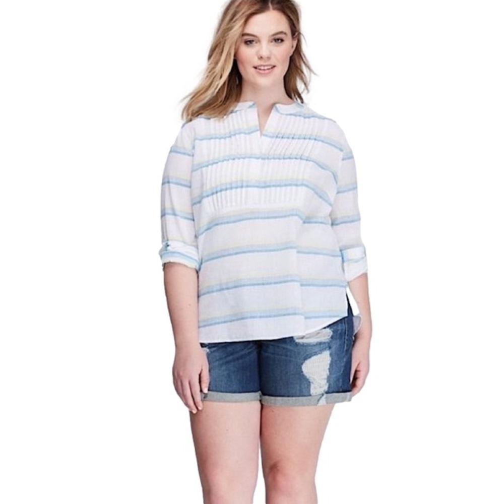 LANE BRYANT Pintuck Tunic Top Linen Blend Stripe White Blue yellow Wm Plus 22/24